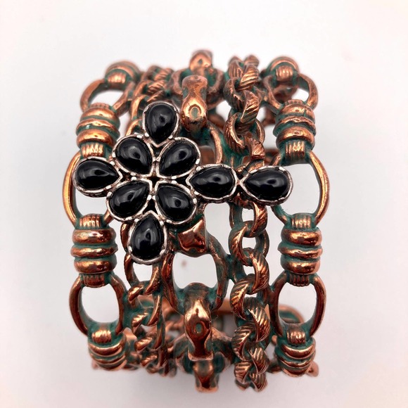 Lucky Brand cuff bracelet copper wide black glass cross boho lucky you - Picture 10 of 10